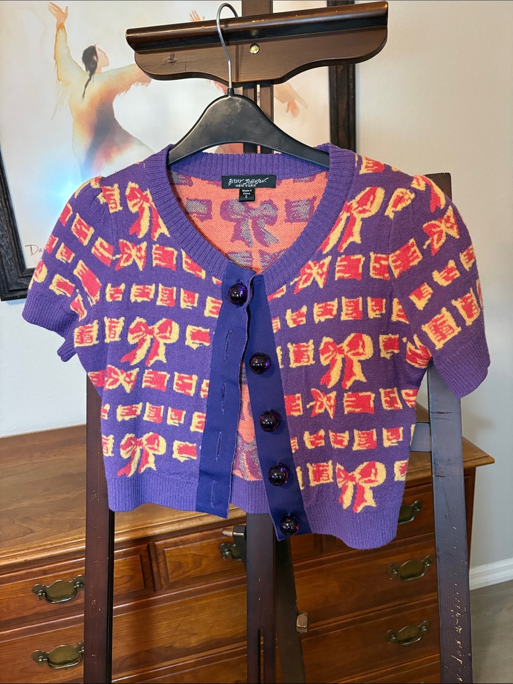 Betsey Johnson Purple Short-Sleeve Knit Cardigan with Pink & Coral Bow Motifs